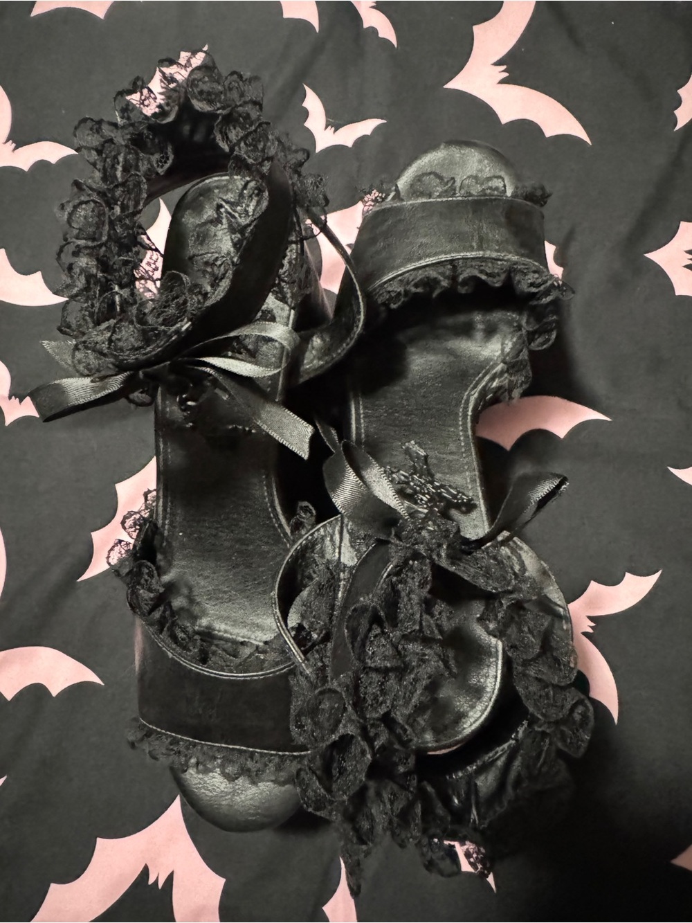Dolls Kill Black Lace Ruffle Platform Heels